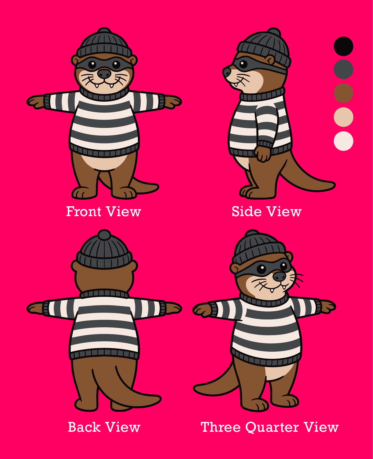 Rascal character sheet — front, side, back, and three-quarter views